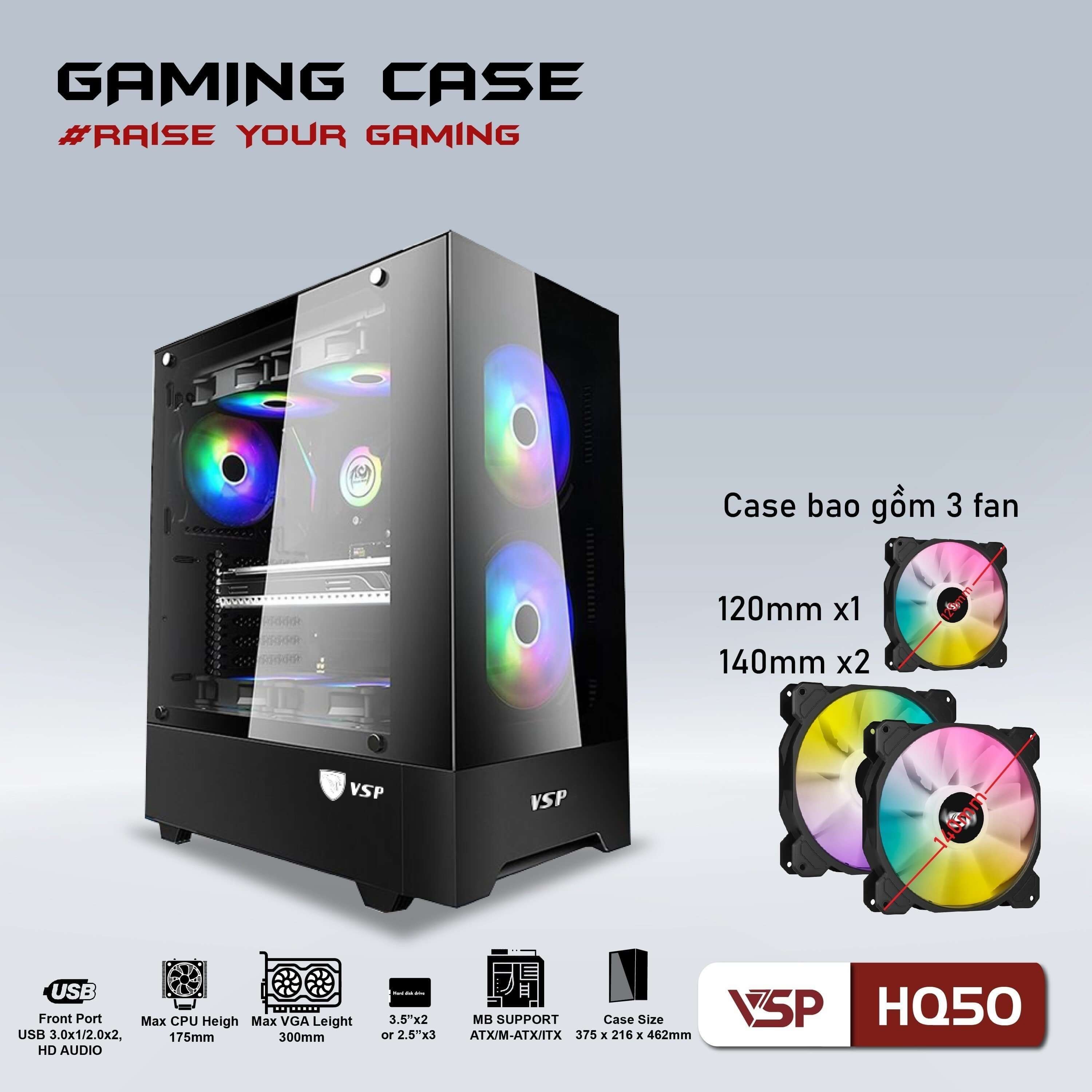✔️ Case VSP HQ50 Kèm 3 Fan LED ARGB (Màu Đen ATX)