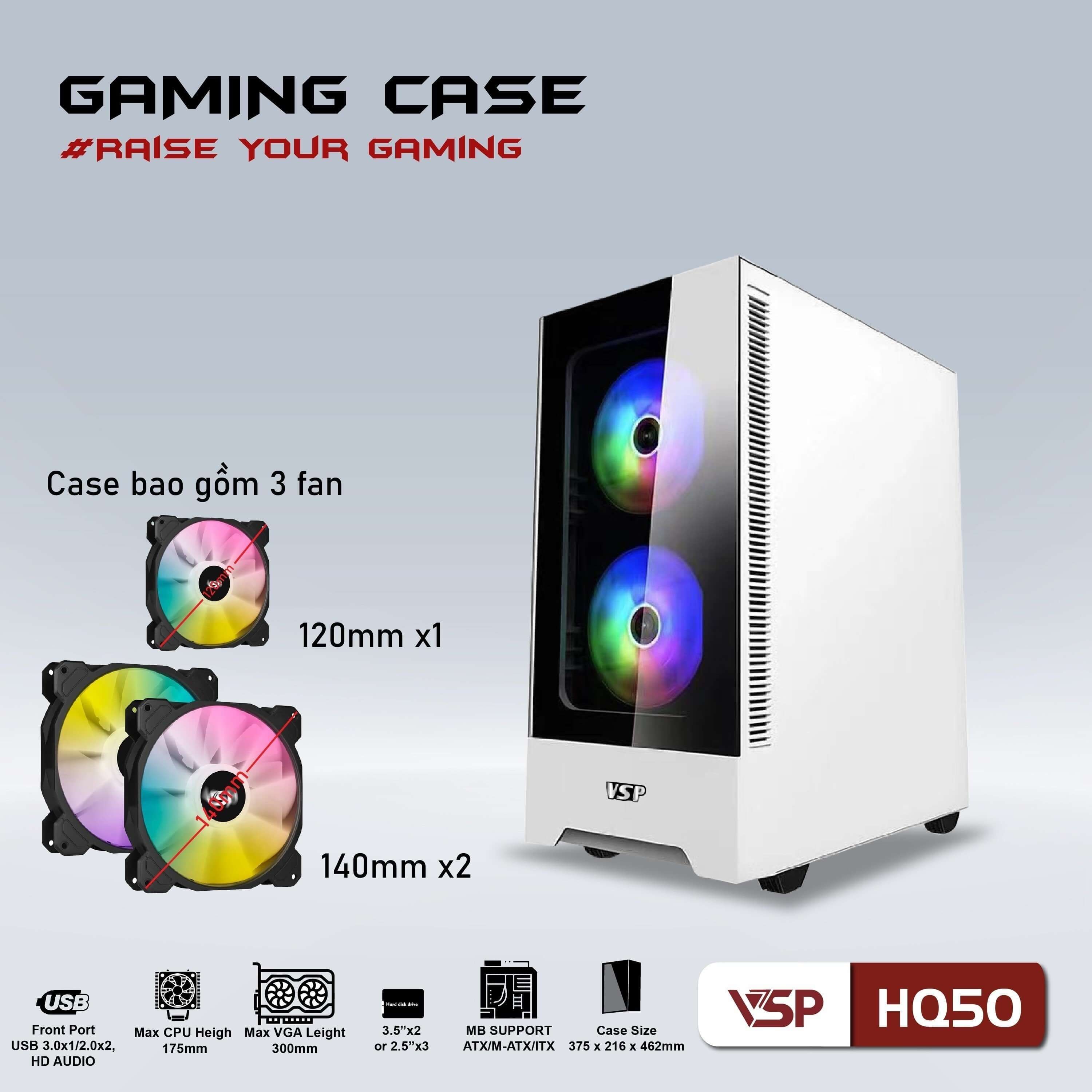 ✔️ Case VSP HQ50 Kèm 3 Fan LED ARGB (Màu Trắng - Đen ATX)