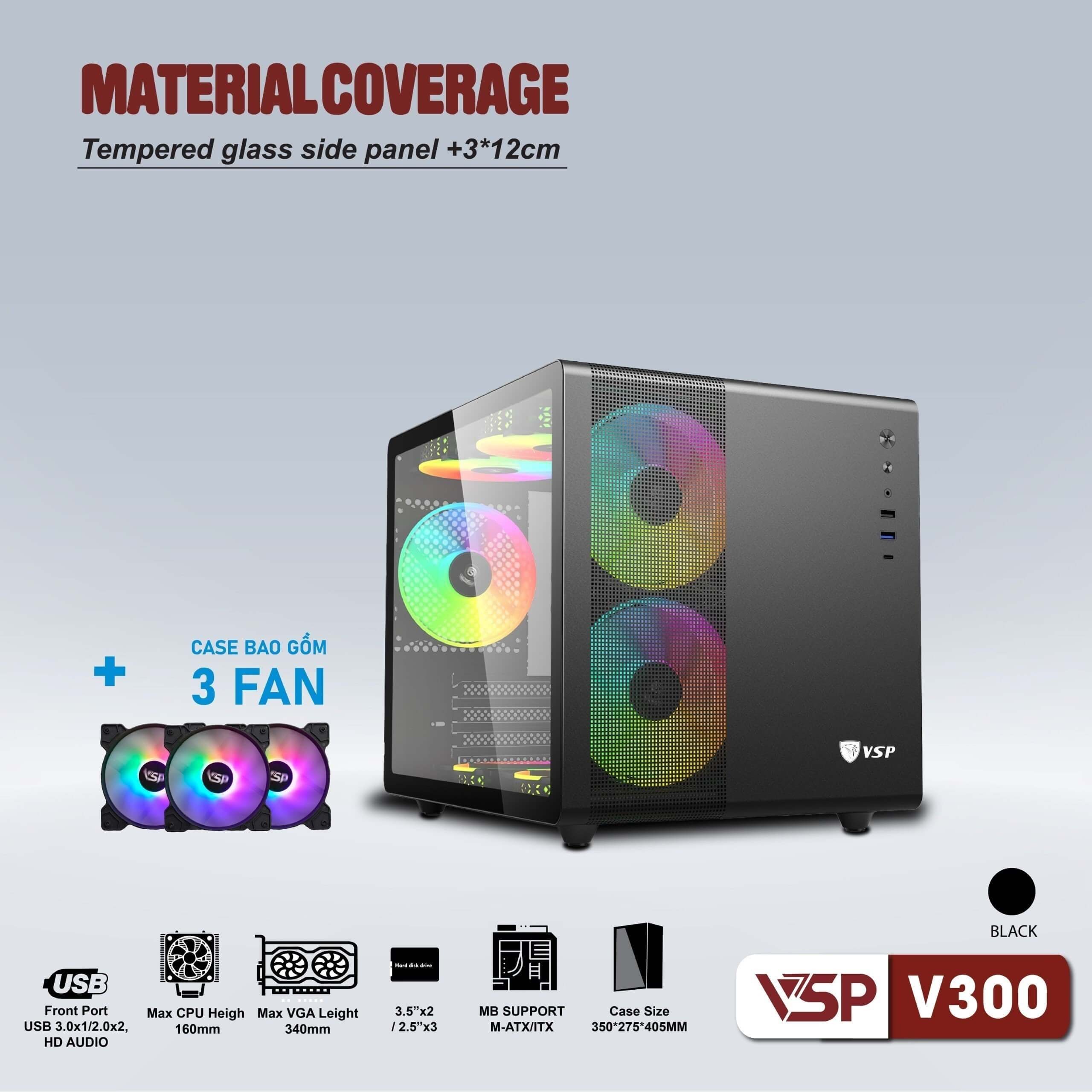 ✔️ Case VSP V300 Kèm 3 Fan LED (mATX, Đen)