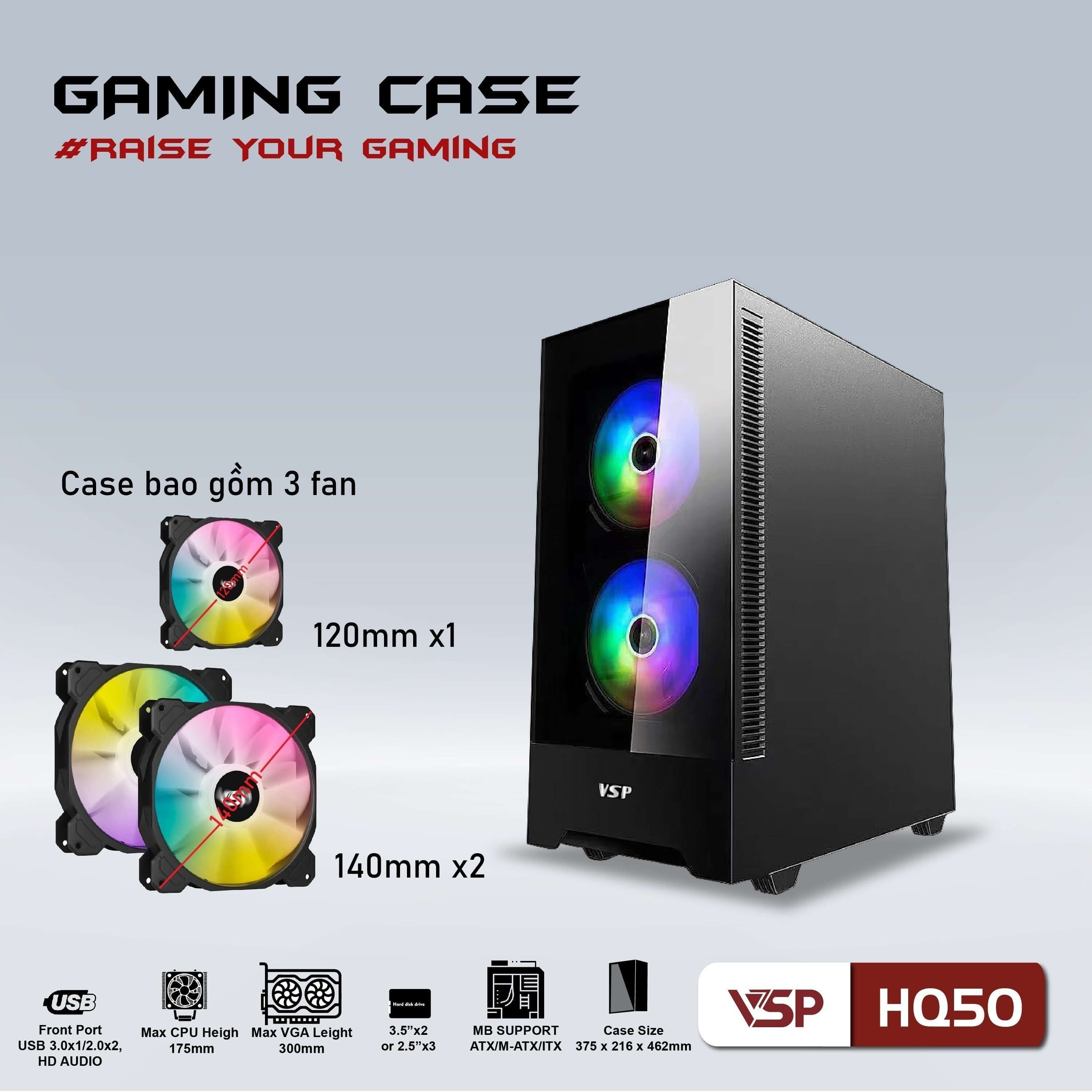 ✔️ Case VSP HQ50 Kèm 3 Fan LED ARGB (Màu Đen ATX)
