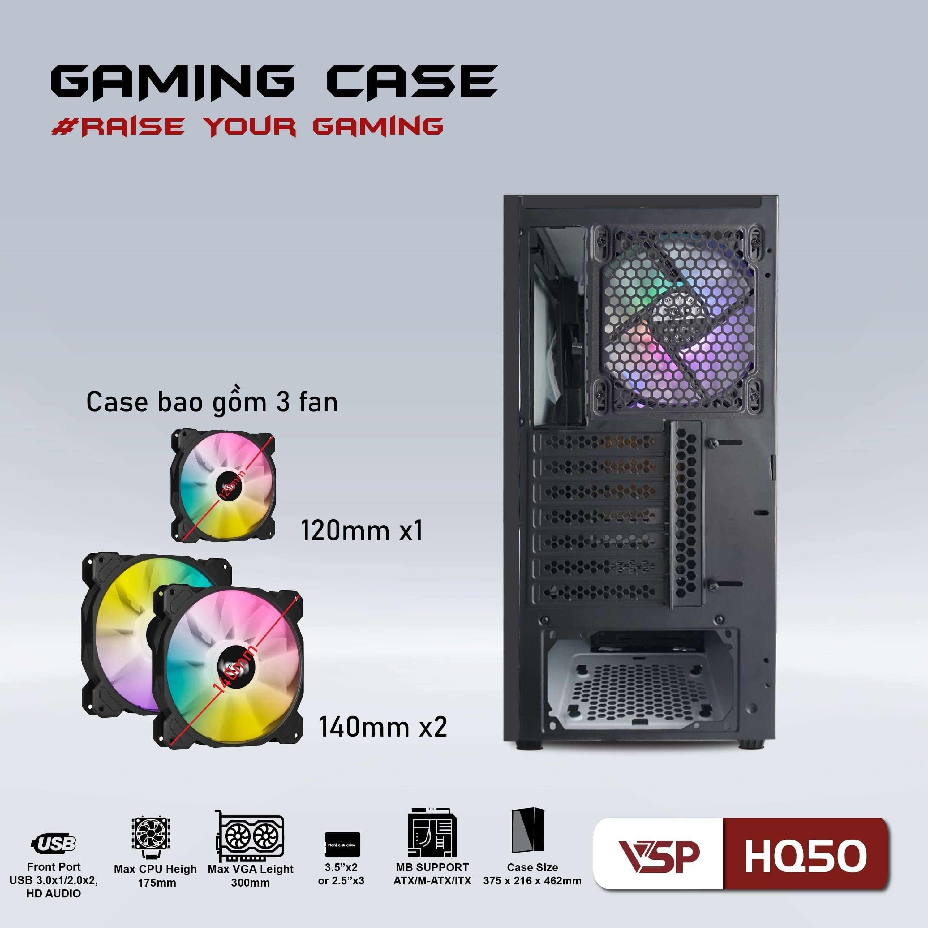 ✔️ Case VSP HQ50 Kèm 3 Fan LED ARGB (Màu Đen ATX)