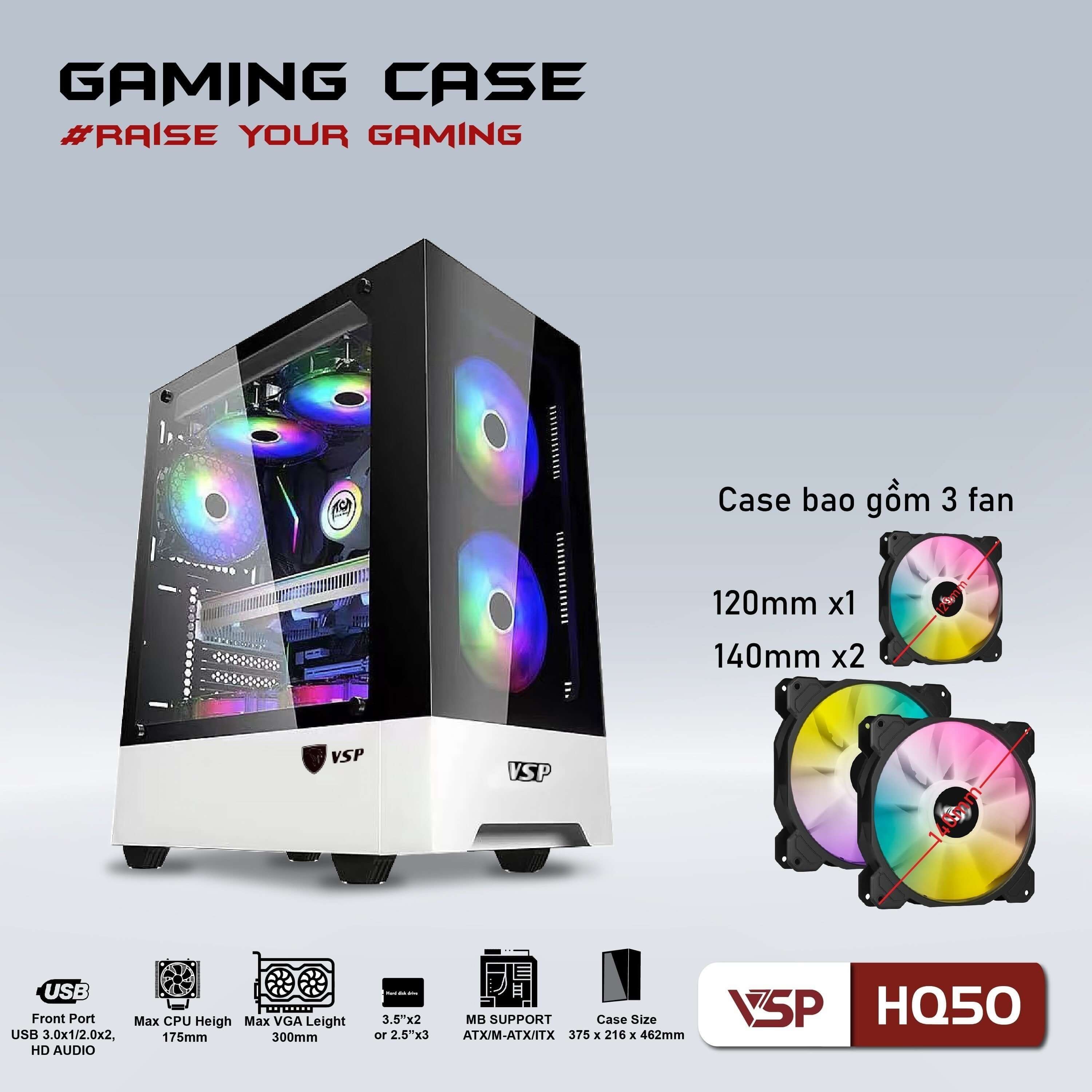 ✔️ Case VSP HQ50 Kèm 3 Fan LED ARGB (Màu Trắng - Đen ATX)