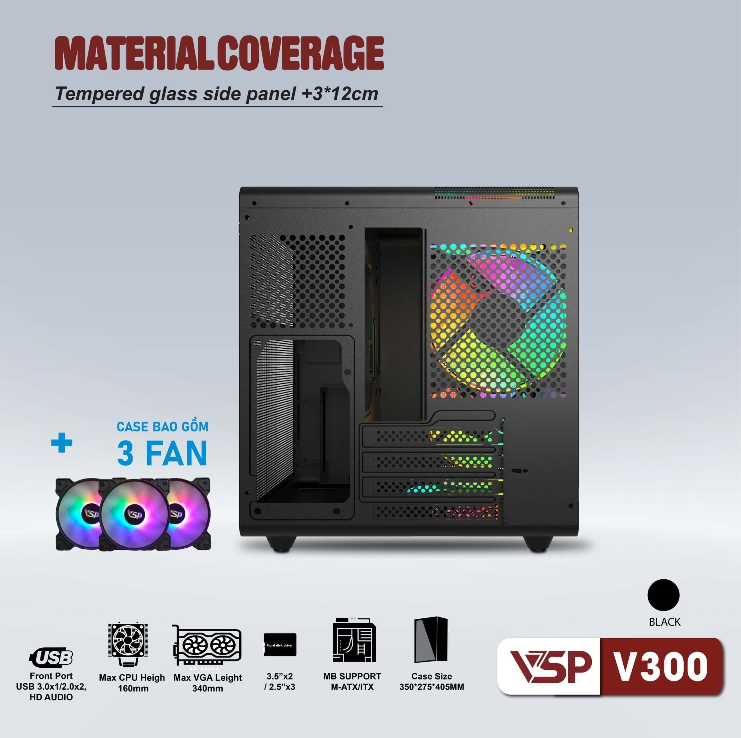 ✔️ Case VSP V300 Kèm 3 Fan LED (mATX, Đen)