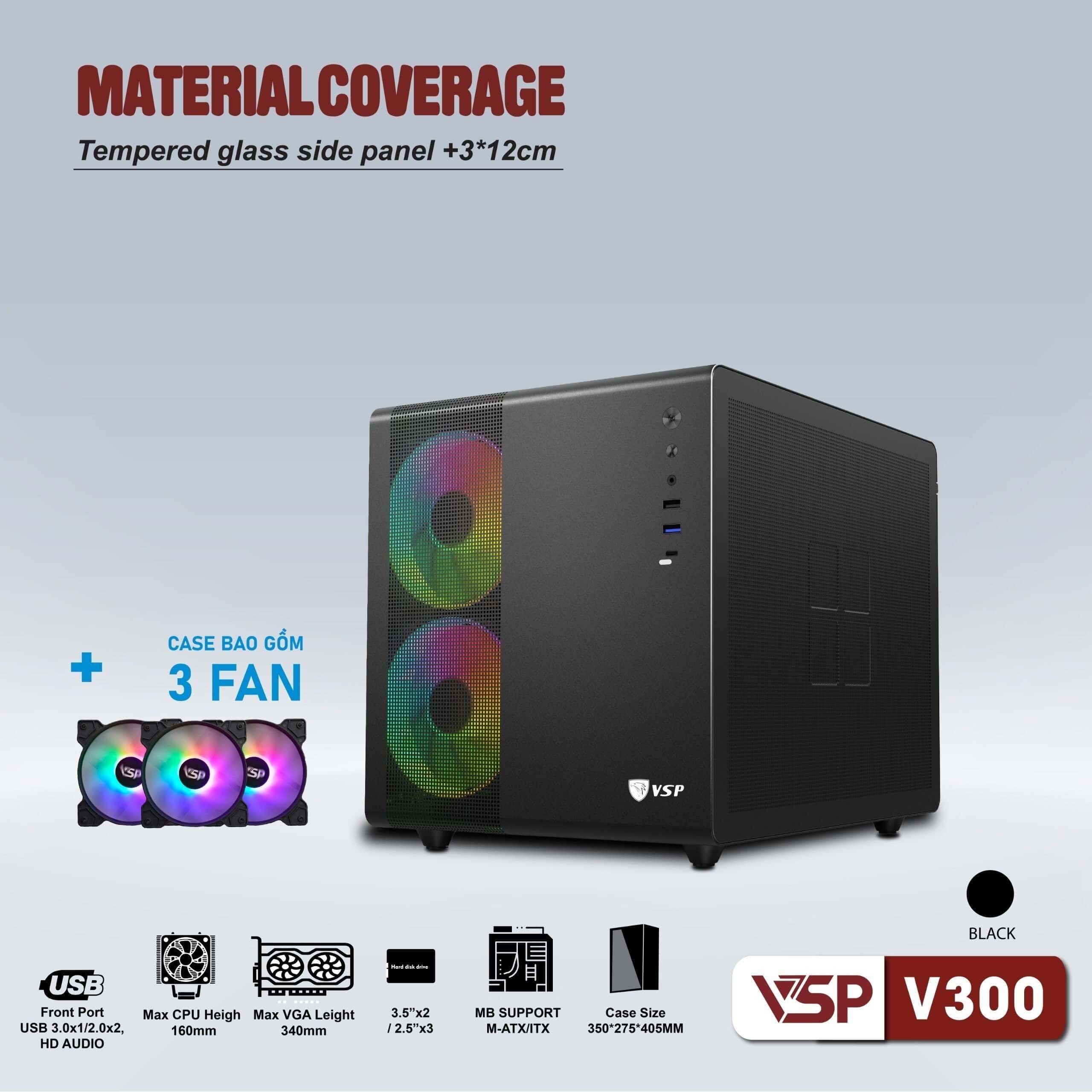 ✔️ Case VSP V300 Kèm 3 Fan LED (mATX, Đen)