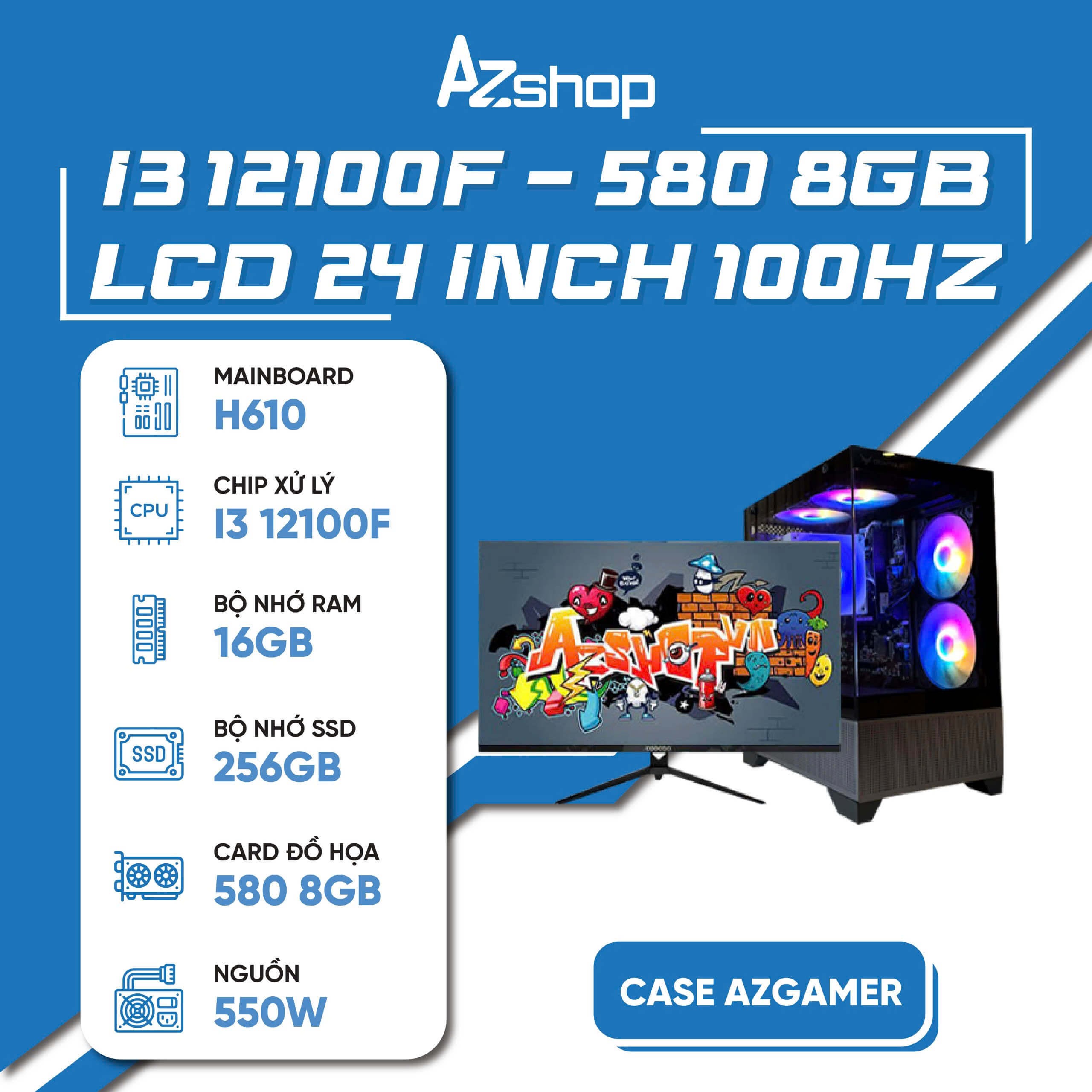 🔊𝐂𝐚𝐬𝐞 𝐀𝐳𝐆𝐚𝐦𝐞𝐫 𝐢𝟑 𝟏2𝟏𝟎0𝐅 580 8GB Ram 16gb &LCD 24INCH  100hz  !