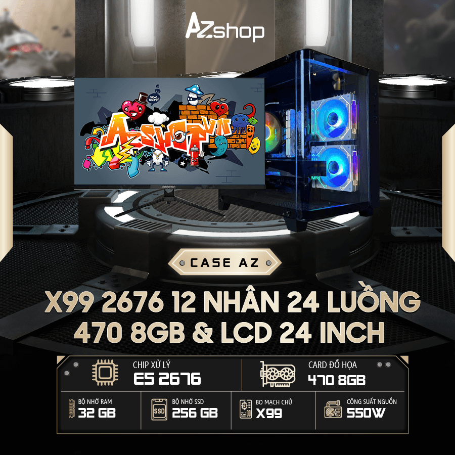 🔊🔊🔊Case AzServer X99 2676  12 NHÂN 24 LUỒNG 470 8GB  & LCD 24 inch  !