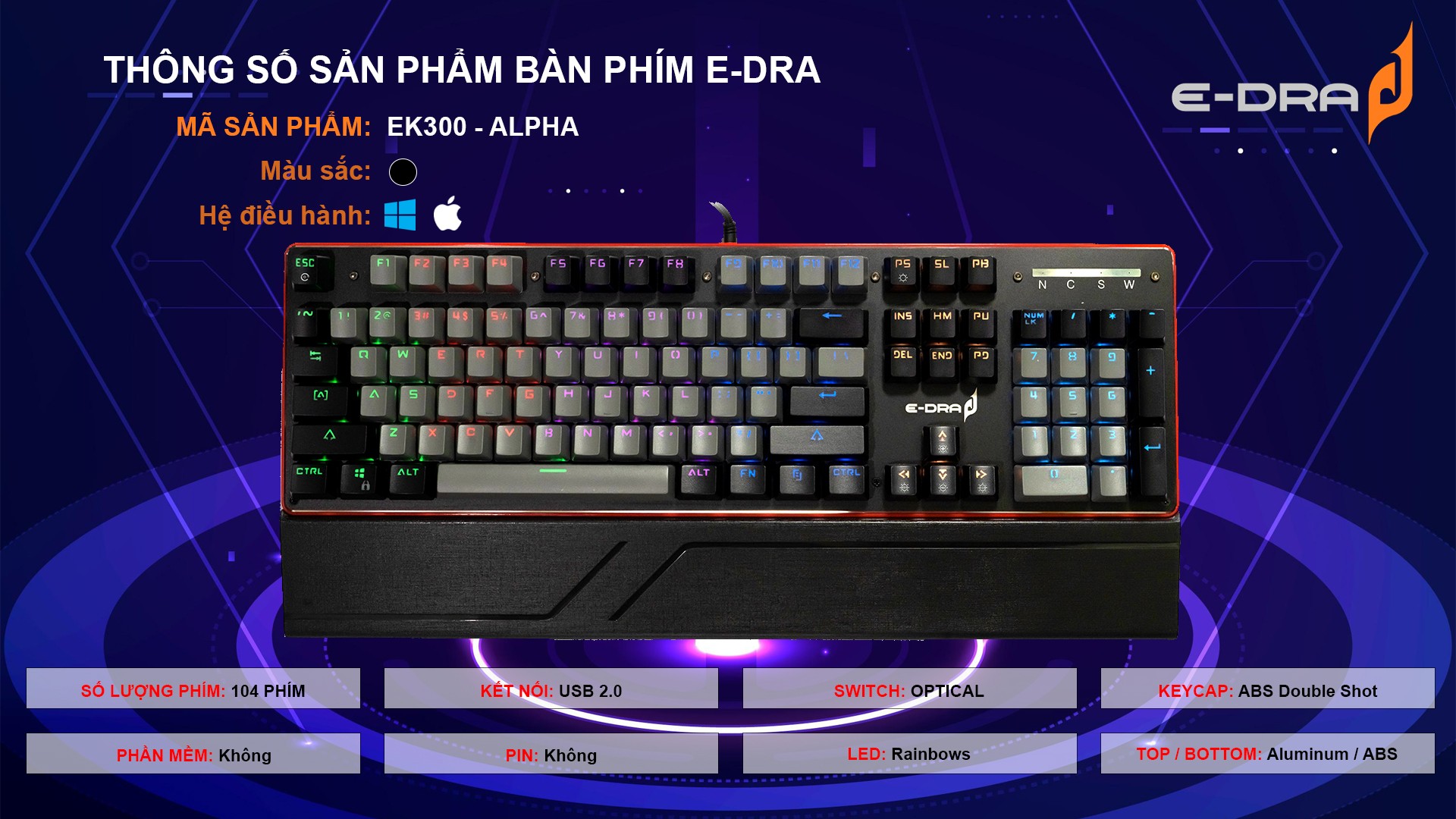 Bàn phím cơ E-DRA EK300 Katana Optical (chống nước) , bản mới